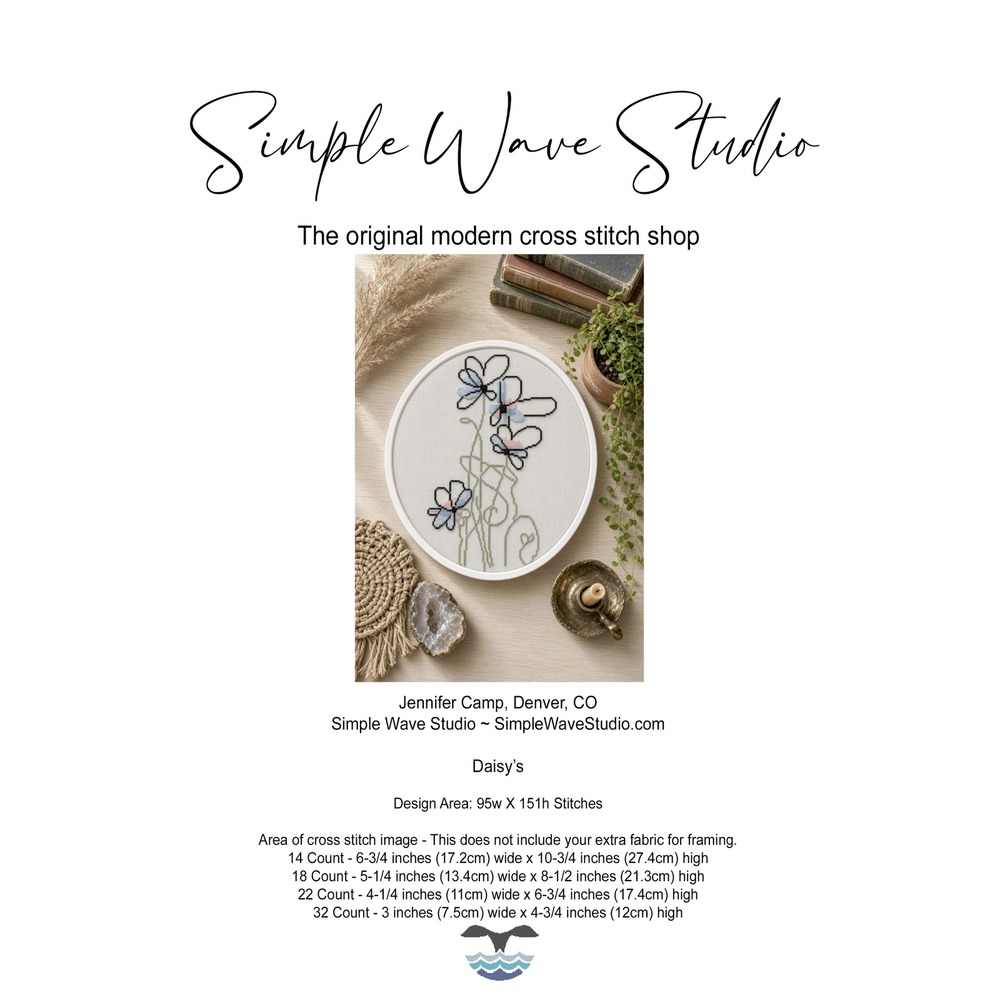 Blue Daisy Boho Minimalist Counted Cross Stitch Pattern KIT